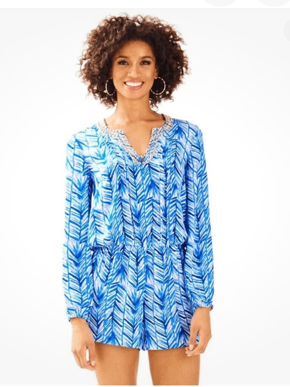 Lilly Pulitzer Colby Romper Lapis Blue Costa Verde Long Sleeve Size M